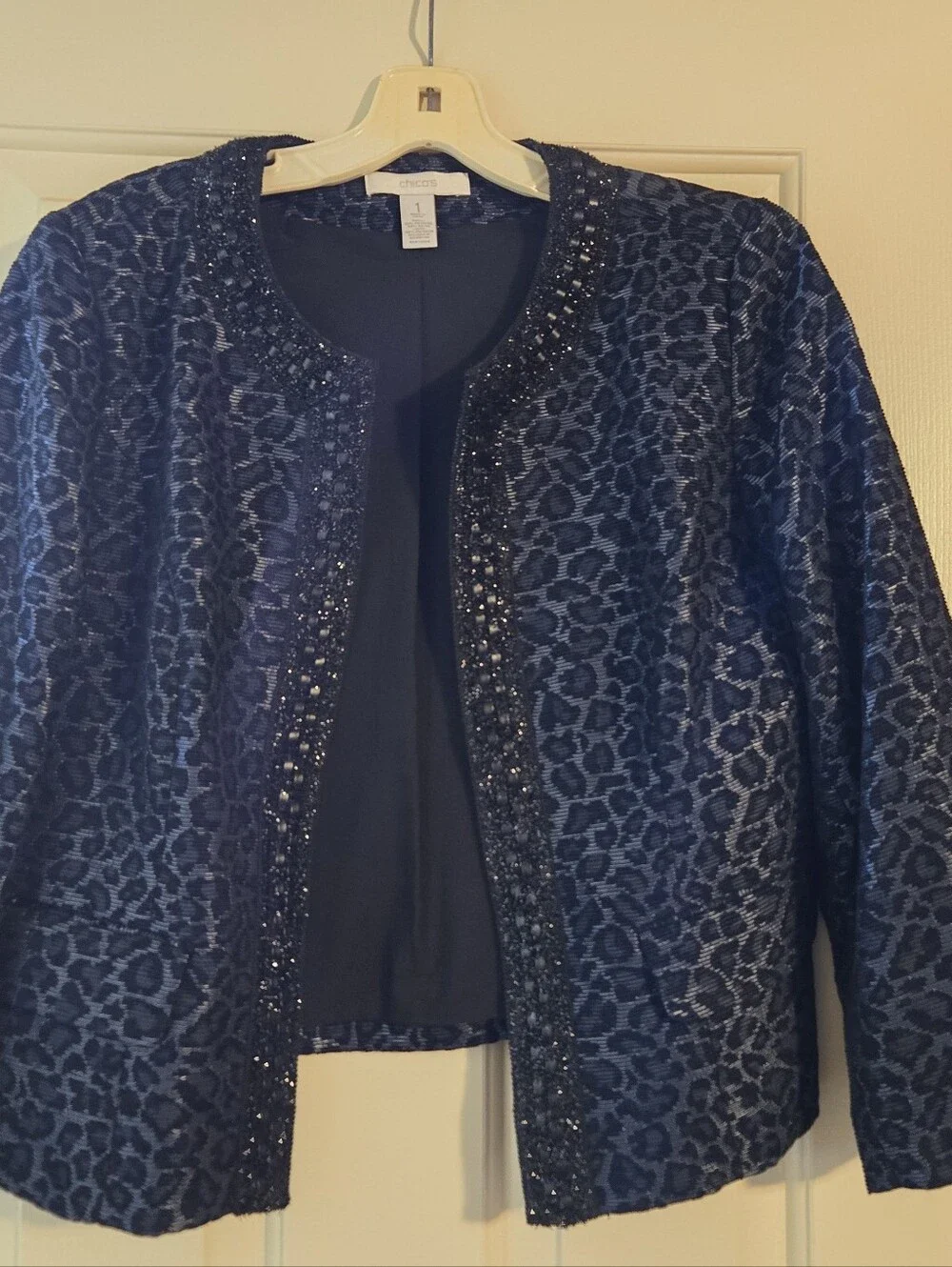 Chico's Dark Navy Jacquard Beaded Open-Front Jacket